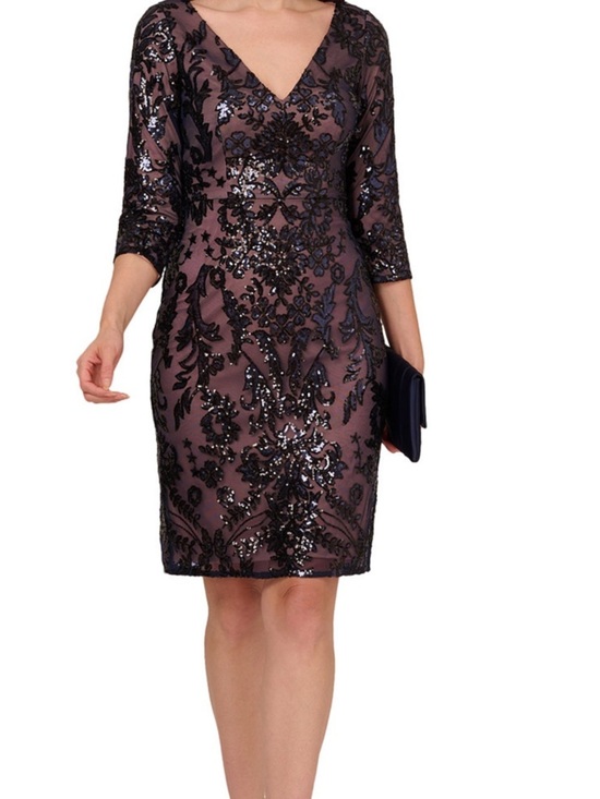 Adrianna Papell Dresses & Skirts - Papell Studios Navy Sequined V Neck Sheath Dress Sz 18 Plus Floral Beige Lined
